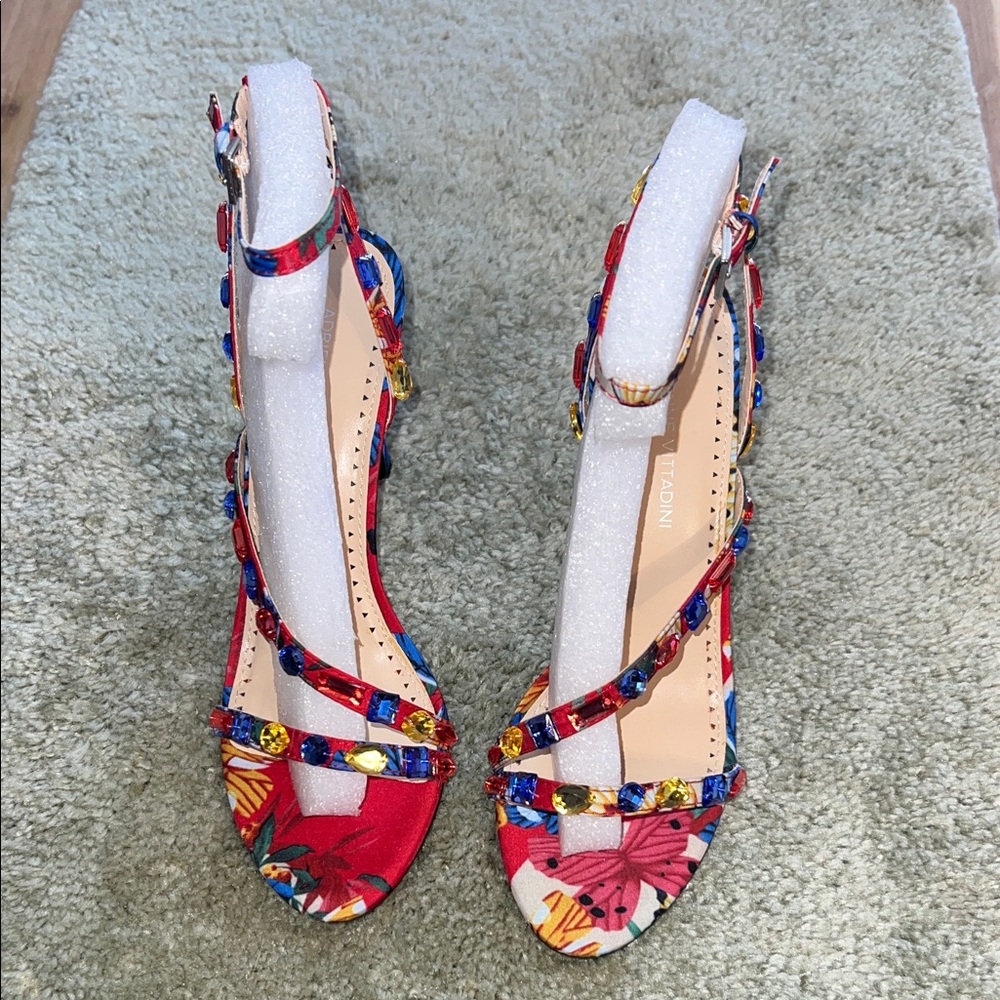Women’s size 7.5 medium Adrienne Vittadini brand, red multi ankle strap heels